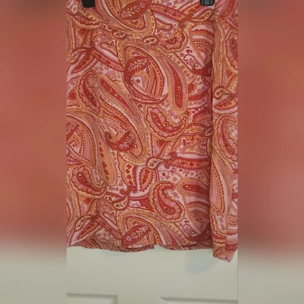 Worthington 12 Paisley Print 100% SILK Orange Pink Lined Zipper Women Mini Skirt